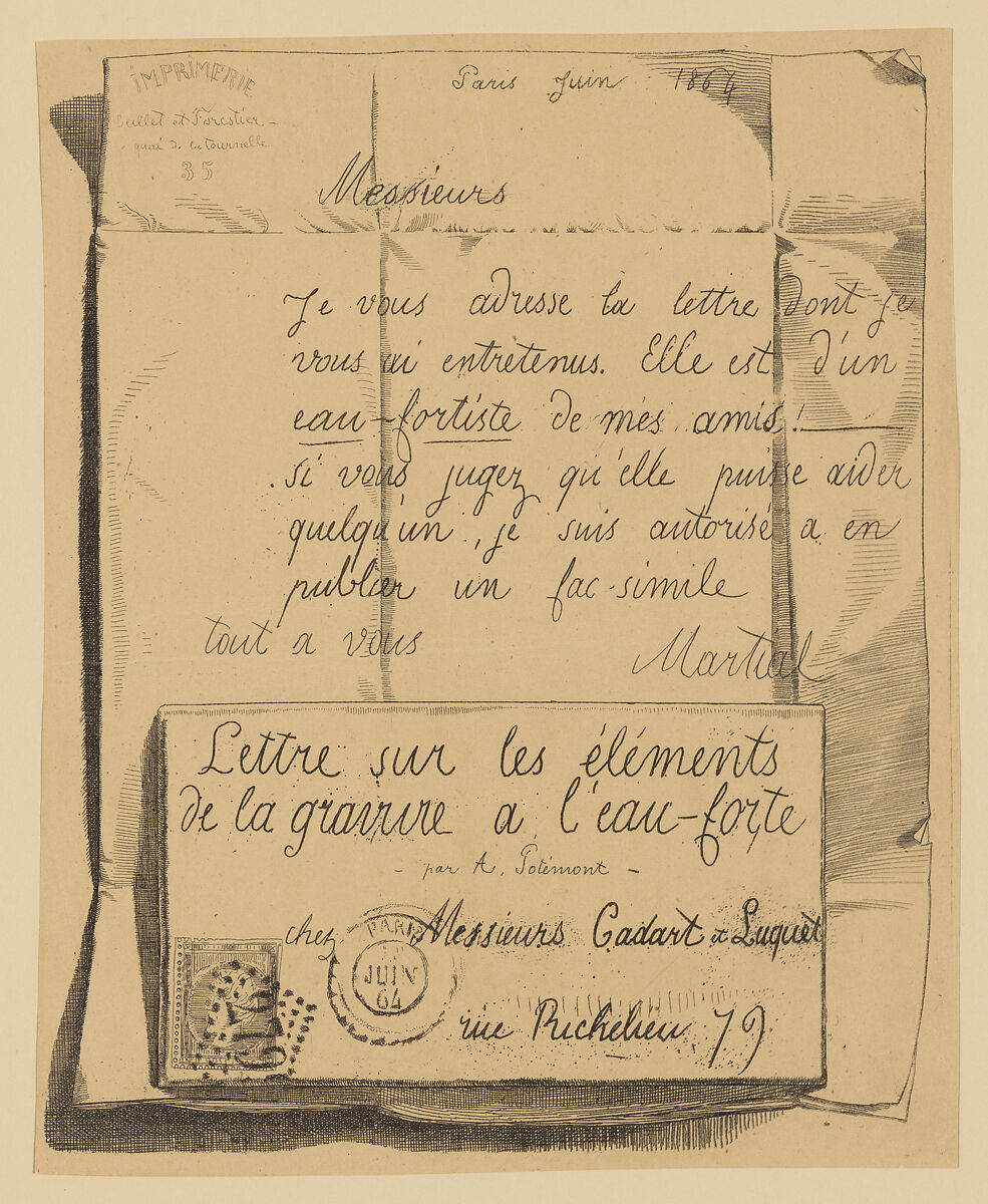 Lettre sur les éléments de la gravure à l'eau-forte (Letter on the Elements of Etching), Adolphe Martial Potémont, called Martial (French, Paris 1828–1883 Paris), Etching