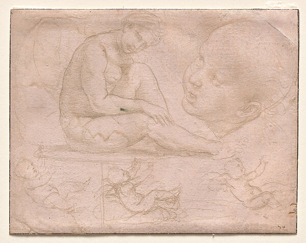 Studies of a Seated Female Nude and a Child (Sheet from the “Pink Sketchbook”), Raphael (Raffaello Sanzio or Santi)  Italian, Metalpoint on prepared pink paper
