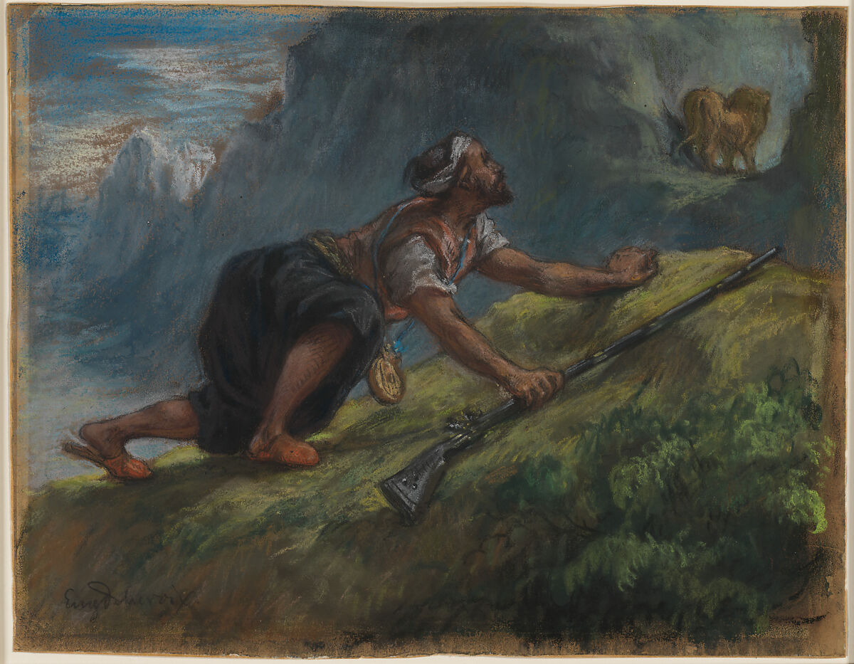 A Hunter Stalking a Lion in the Mountains of North Africa, Eugène Delacroix (French, Charenton-Saint-Maurice 1798–1863 Paris), Pastel and charcoal 