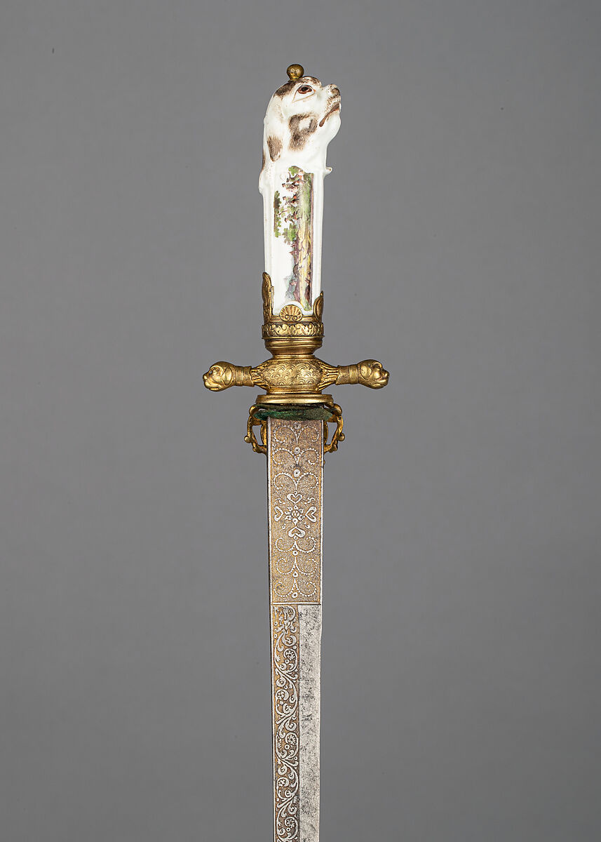 Hunting Sword, Steel, brass, gold, porcelain, pigments, German, Saxony