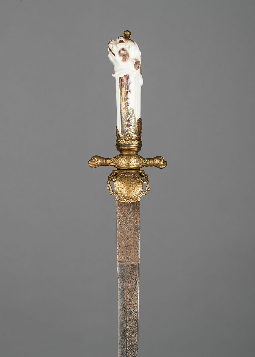 Hunting Sword, Steel, brass, gold, porcelain, pigments, German, Saxony 