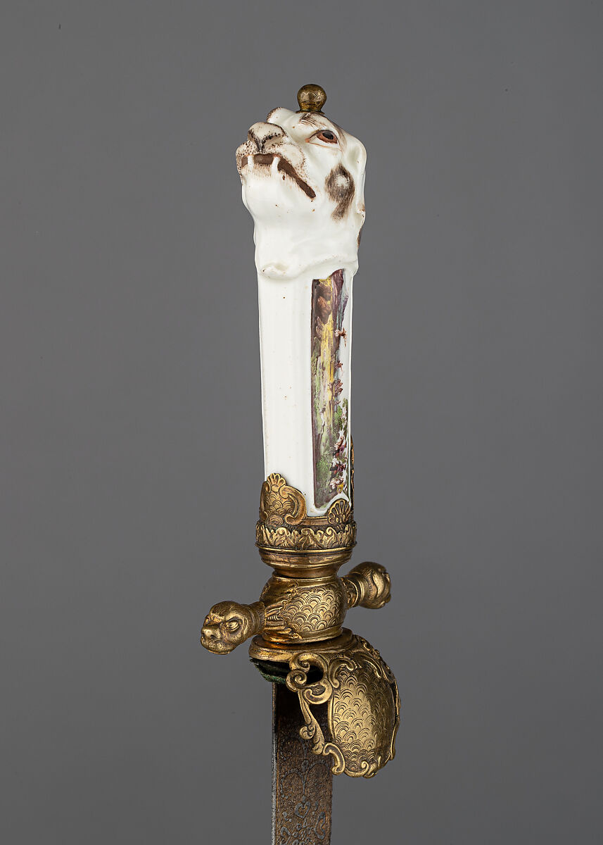 Hunting Sword, Steel, brass, gold, porcelain, pigments, German, Saxony