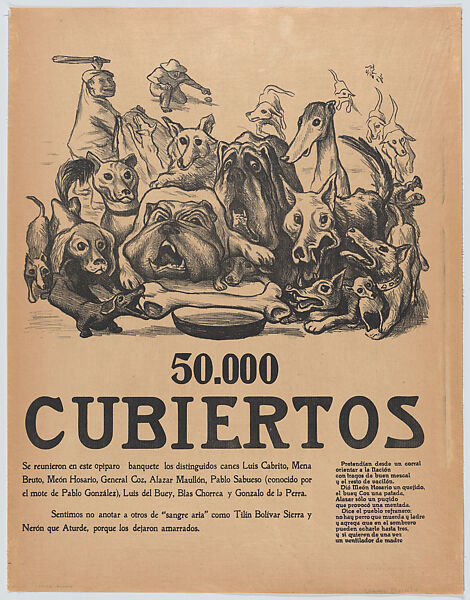 Poster entitled '50,000 covered' depicting dogs at a 'sumptous feast', José Chávez Morado (Mexican, 1909–2002), Lithograph and letterpress on buff paper 