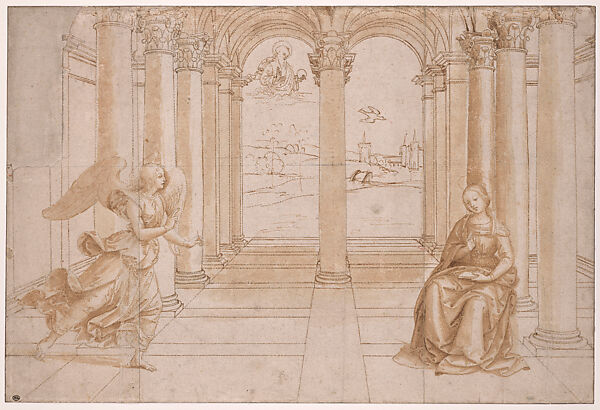 The Annunciation (Cartoon for the Left Scene in the Predella of the Oddi Altarpiece), Raphael (Raffaello Sanzio or Santi)  Italian, Pen and brown ink, brush and brown wash, ruling in pen and brown ink and stylus; stylus-incised compass work, some leadpoint or black-chalk axis lines, some preliminary stylus underdrawing on figures and traces of black-chalk underdrawing on two sheets of paper glued with overlapping seams (original paper support); pricked outlines for transfer of the design; glued onto a secondary paper support