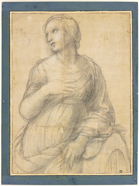 Saint Catherine of Alexandria in Three-Quarter Length, Raphael (Raffaello Sanzio or Santi)  Italian, Charcoal, black chalk, highlighted with white gouache and white chalk, on four sheets of paper glued with overlapping seams (original paper support), outlines pricked for transfer of the design