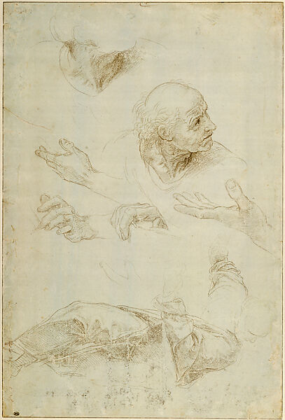 The Head, Neck, and Hands of a Man (Bramante); Drapery for a Standing Man (Studies for the Disputa, Stanza della Segnatura), Raphael (Raffaello Sanzio or Santi)  Italian, Metalpoint on paper prepared greenish gray