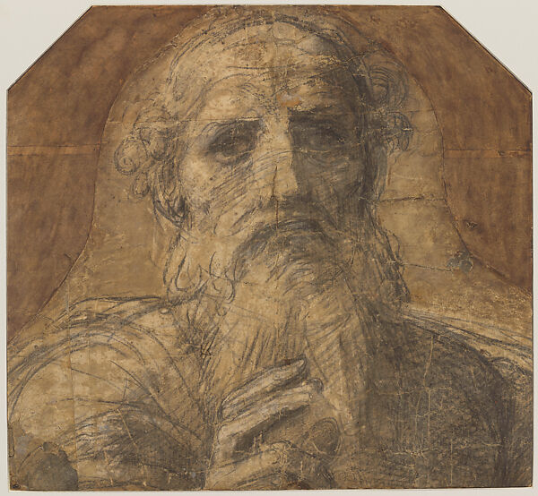 God the Father in Bust Length (Cartoon Fragment for the Disputa, Stanza della Segnatura), Raphael (Raffaello Sanzio or Santi)  Italian, Charcoal, black chalk, originally highlighted with white gouache (now lost), shadows deepened in brush and brown wash, over preliminary stylus underdrawing, outlines pricked for transfer of the design, on three sheets glued with overlapping seams (original paper support); figural design silhouetted along the shape of a giornata, mounted onto secondary paper support