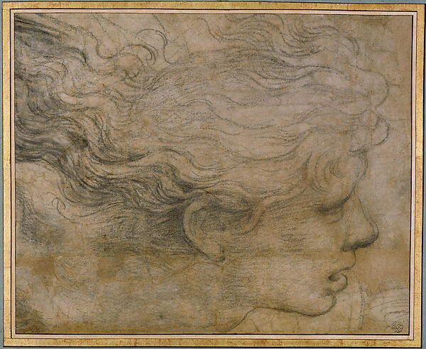 Head of an Angel in Profile View (Cartoon Fragment for the Expulsion of Heliodorus from the Temple, Stanza di Eliodoro), Raphael (Raffaello Sanzio or Santi)  Italian, Charcoal, black chalk, traces of white gouache highlights, outlines pricked for transfer of the design on two glued sheets of paper; with numerous integrations of the original support; small bits of the drawn outlines reinforced by restorers (back of ear, underside of the nose, fulcrum and upper lip, which are all part of a long horizontal band extending from the lower cheek to the back of the neck, then along bits of the chin, underside of jaw, upper right and lower left corners); glued onto a Mariette mount (secondary paper support)