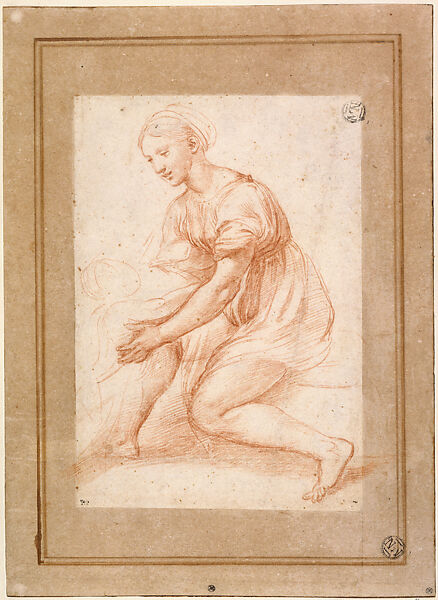 Study of a Young Woman from Life, with the Figure of a Child Drawn in Reserve (Possibly for the Holy Family of Francis I), Raphael (Raffaello Sanzio or Santi) (Italian, Urbino 1483–1520 Rome), Pale, slightly orange red chalk over traces of stylus underdrawing, glued onto secondary paper support; fragmentary watermark at upper right