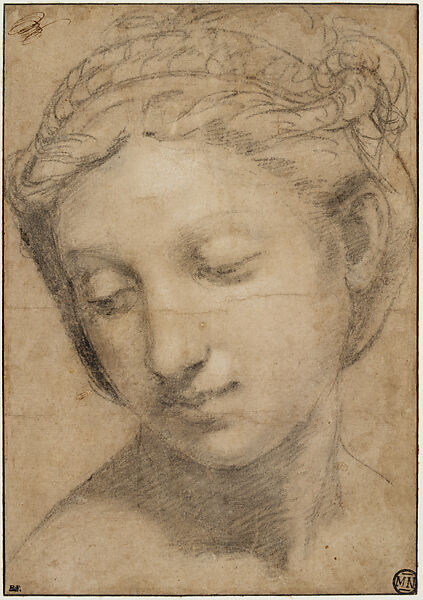 The Head of a Young Woman in Three-Quarter View Looking Down (Study for Charity in the Sala di Costantino), Raphael (Raffaello Sanzio or Santi) (Italian, Urbino 1483–1520 Rome), Charcoal, soft grayish black chalk and denser black chalk; slight accenting of shaows with wetted black chalk; minor accenting in black wash by a restorer (on the hair at the left and the iris of the eye); traces of white gouache highlights (now sunken); finely stylus-incised outlines; on beige paper, glued onto a secondary paper support