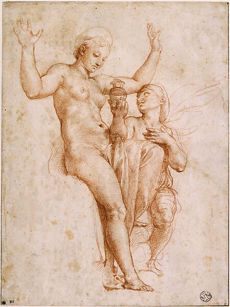 Psyche Presenting the Phial of Water to Venus (Study for a Pendentive in the Loggia di Psiche, Villa Farnesina), Raphael (Raffaello Sanzio or Santi)  Italian, Slightly purplish red chalk, over extensive stylus underdrawing on paper