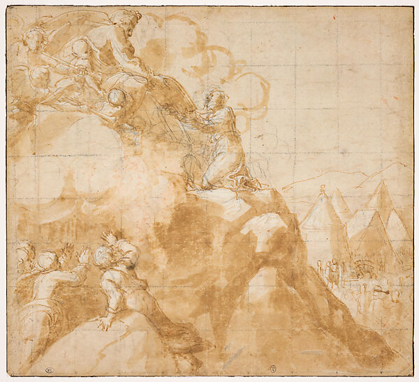 Composition Sketch for Moses Receiving the Tablets of the Law, Raphael (Raffaello Sanzio or Santi)  Italian, Pen and brown ink, brush and brown wash, highlighted with white gouache, over grayish black chalk, squared on top of all layers of design in grayish black chalk, on paper