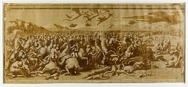 Modello Drawing for the Battle of the Milvian Bridge, Sala di Costantino; An Eagle and the Drapery of a Caryatid; An Arm holding a Tablet and a Leg (for the Figure of Virtue?), Raphael (Raffaello Sanzio or Santi)  Italian, Pen and brown ink, brush and brown wash, highlighted with white gouache, ver extensive black-chalk underdrawing, squared in black chalk, on many glued sheets of paper washed beige; lined with a secondary support; with early restorations