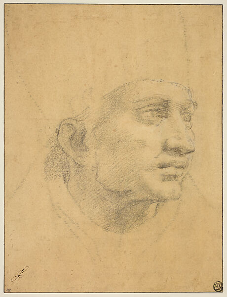 Head of a Bishop (“Auxiliary Cartoon” for the Coronation of Charlemagne, Stanza dell’Incendio), Raphael (Raffaello Sanzio or Santi)  Italian, Black chalk, highlighted with white gouache (partly now lost), drawn freehand over pounce marks (spolvero underdrawing), partly unrelated design in pounce marks (spolvero), on light brown paper