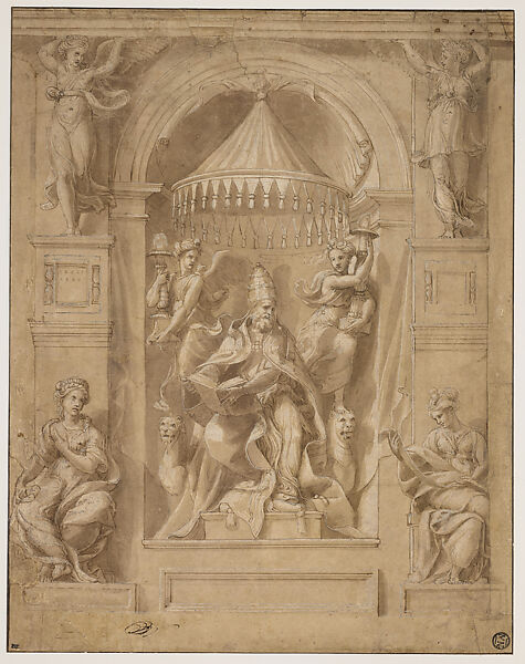 Modello Drawing with an Early Idea for the Enthroned Pope Urban I in a Niche with Virtues, Angels, and Other Figures, Sala di Costantino, Giovanni Francesco Penni  Italian, Pen and brown ink, brush and brown wash, over leadpoint underdrawing, with leadpoint and pen-and-ink ruling, compass work (arcs, points), and a lightly stylus-incised vertical axis line (running through the figure of the pope); extensively highlighted with white gouache; on paper washed pale brown