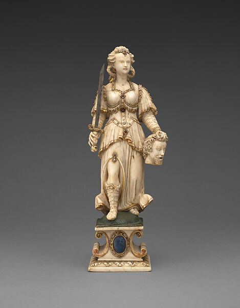 Judith with the Head of Holofernes, Gert van Egen (Flemish (active Denmark), documented 1568, died 1611 or 1612), Partly polychromed and gilded alabaster, gemstones, freshwater pearls, silver, Danish 