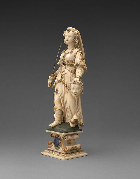 Judith with the Head of Holofernes, Gert van Egen (Flemish (active Denmark), documented 1568, died 1611 or 1612), Partly polychromed and gilded alabaster, gemstones, freshwater pearls, silver, Danish