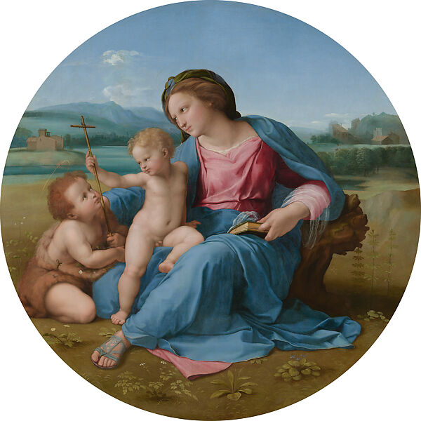 The Virgin and Child with the Infant Saint John the Baptist in a Landscape (The Alba Madonna), Raphael (Raffaello Sanzio or Santi)  Italian, Oil on canvas, transferred from wood