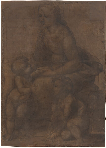 The Virgin and Child with the Infant Saint John the Baptist (Cartoon for La Belle Jardinière), Raphael (Raffaello Sanzio or Santi)  Italian, Black chalk, charcoal, highlighted with white gouache on light brown paper, outlines pricked for transfer of the design and rubbed with pouncing dust; heavily retouched by early modern restorers