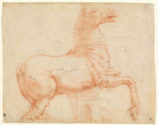 Study of a Marble Horse on the Quirinal Hill (“OPVS PRAXITELIS”), Raphael (Raffaello Sanzio or Santi)  Italian, Red chalk, over leadpoint and stylus underdrawing, with annotations in pen and brown ink, on laid paper