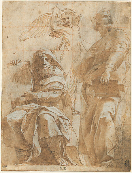Tthe Prophets Hoseas and Jonah with an Angel (Studies for the Chigi Chapel, Santa Maria della Pace), Raphael (Raffaello Sanzio or Santi)  Italian, Pen and brown ink, brush and brown wash, highlighted with white gouache, over black chalk and stylus underdrawing, squared under the drawing in stylus, squared over the drawing in red chalk, on paper