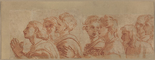 The Upper Figures of Eight Apostles (Fragmentary Study for Christ’s Charge to Peter, from the Acts of the Apostles Tapestry Series), Raphael (Raffaello Sanzio or Santi)  Italian, Red chalk, over leadpoint and preliminary stylus underdrawing (recto); verso bears blind imprints from Marcantonio’s copper plate of the Massacre of the Innocents