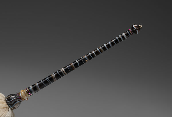 Banded Agate and Gem-Set Fly-Whisk, Handle: Banded agate, carnelian and sard, rubies, pearl
Tail: Yak hair