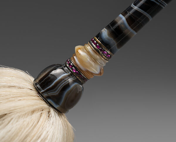 Banded Agate and Gem-Set Fly-Whisk, Handle: Banded agate, carnelian and sard, rubies, pearl
Tail: Yak hair
