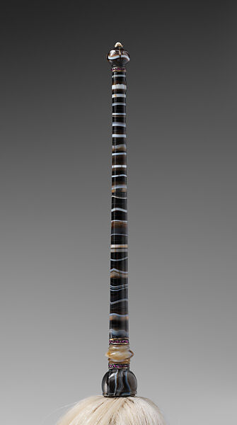 Banded Agate and Gem-Set Fly-Whisk, Handle: Banded agate, carnelian and sard, rubies, pearl
Tail: Yak hair
