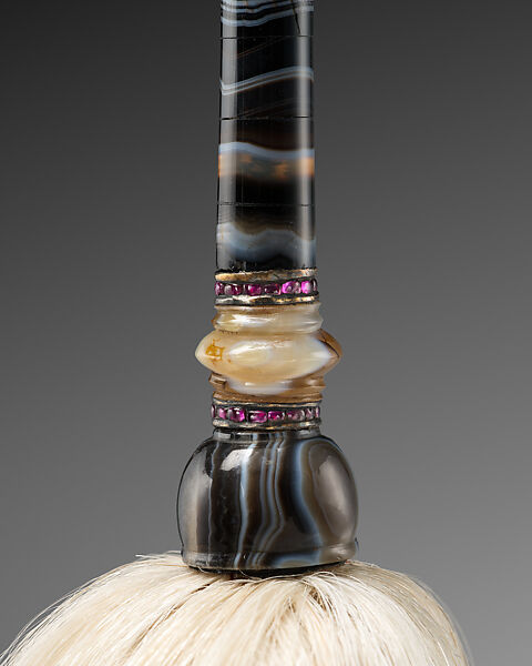 Banded Agate and Gem-Set Fly-Whisk, Handle: Banded agate, carnelian and sard, rubies, pearl
Tail: Yak hair