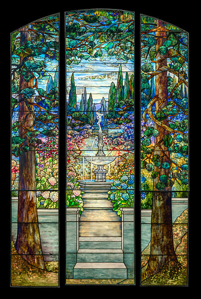 3-part Garden landscape window for Linden Hall, Agnes F. Northrop (American, Flushing, New York 1857–1953 New York, New York), Leaded Favrile glass