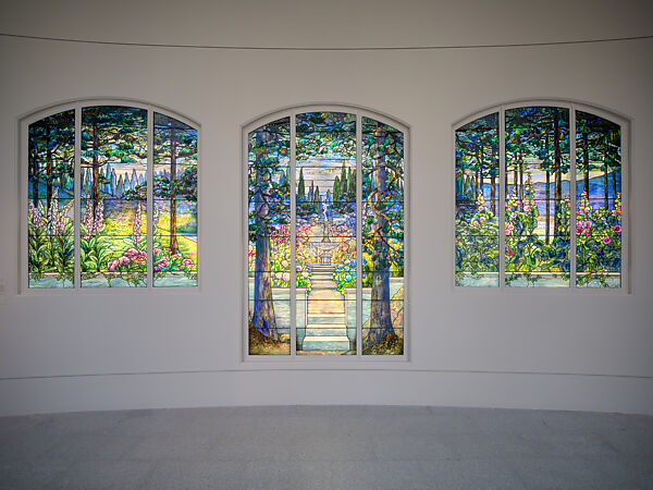 3-part Garden landscape window for Linden Hall, Agnes F. Northrop (American, Flushing, New York 1857–1953 New York, New York), Leaded Favrile glass