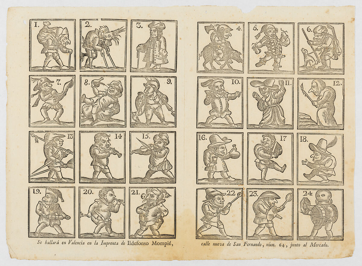 24 male dwarfs representing the trades and character types, Ildefonso Mompié (Spanish, 1785–1855), Woodcut 