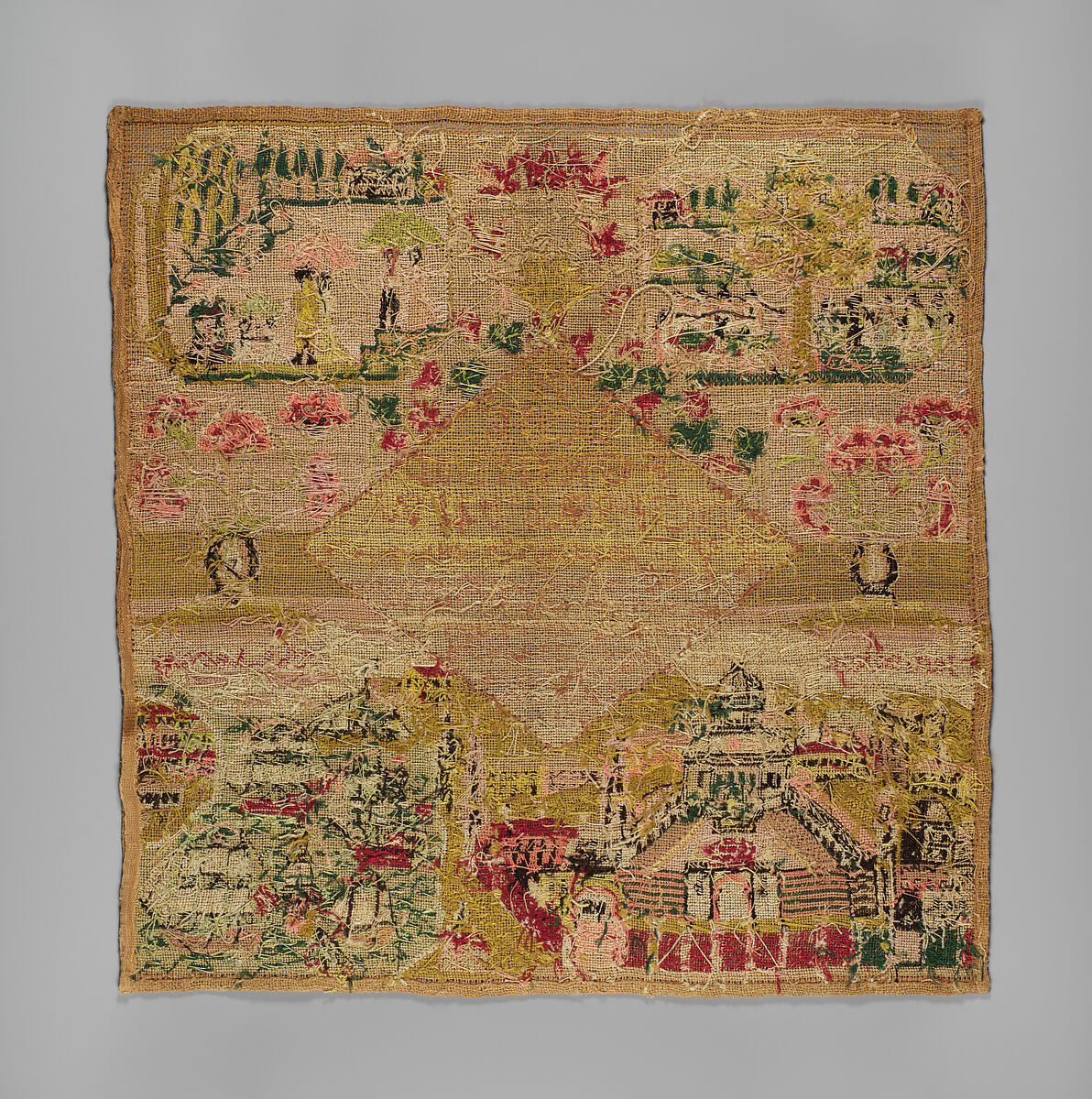Sampler, Anna Huntington (American, 1791–1819), Silk embroidery on linen, American