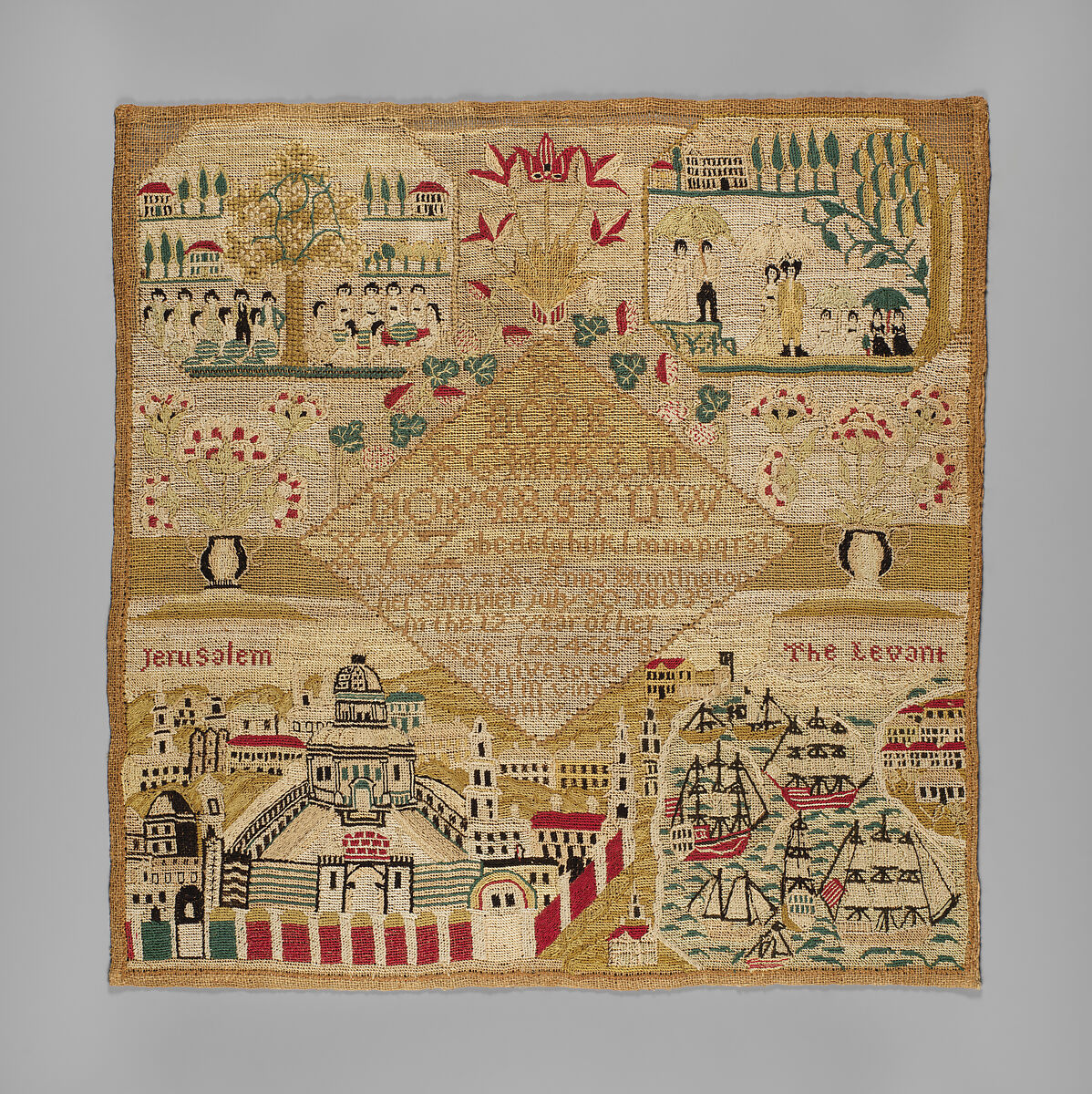 Sampler, Anna Huntington (American, 1791–1819), Silk embroidery on linen, American 