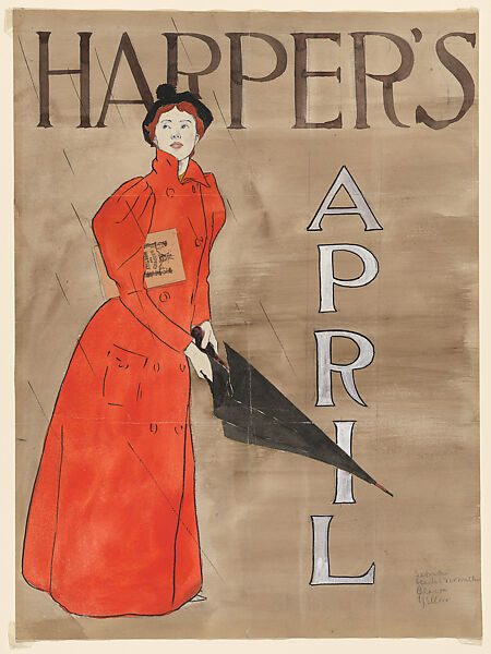 Study for Harper's, April, Edward Penfield (American, Brooklyn, New York 1866–1925 Beacon, New York), Ink, watercolor, and gouache with cut and pasted painted papers 