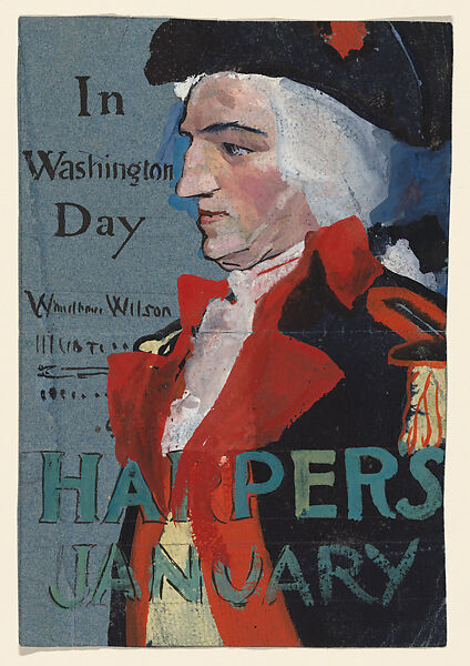 Study for Harper's January (In Washington's Day), Edward Penfield (American, Brooklyn, New York 1866–1925 Beacon, New York), Ink, watercolor, and gouache on two pieces of blue paper 