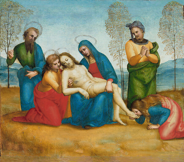 Lamentation Over the Dead Christ (Panel from the Predella of the Colonna Altarpiece), Raphael (Raffaello Sanzio or Santi)  Italian, Oil and traces of gold on wood (probably poplar)