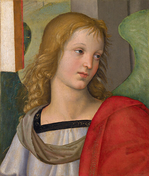 Angel in Bust-Length (Fragment from the Baronci Altarpiece), Raphael (Raffaello Sanzio or Santi)  Italian, Oil with gold highlights on canvas (transferred from wood)