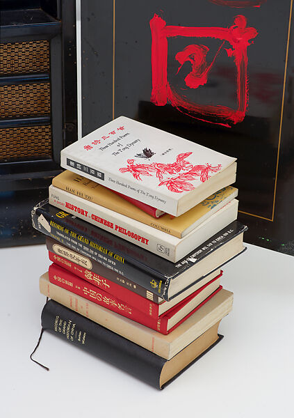 Chinese Memory, Nam June Paik (American (born Korea), Seoul 1932–2006 Miami, Florida), Single-channel video, color, silent, 21 min., 12 sec.; vintage television cabinet with permanent oil marker, glass, acrylic, record cover, scroll, antennae, and books