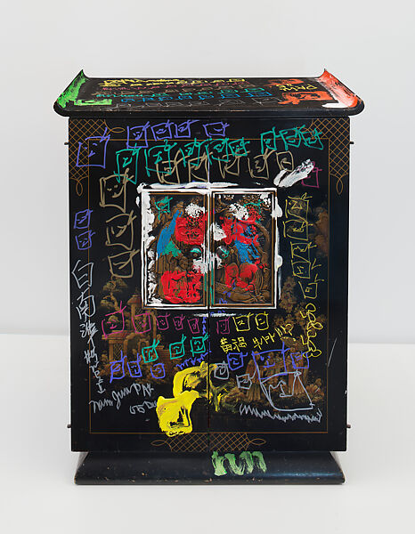 Chinese Memory, Nam June Paik (American (born Korea), Seoul 1932–2006 Miami, Florida), Single-channel video, color, silent, 21 min., 12 sec.; vintage television cabinet with permanent oil marker, glass, acrylic, record cover, scroll, antennae, and books