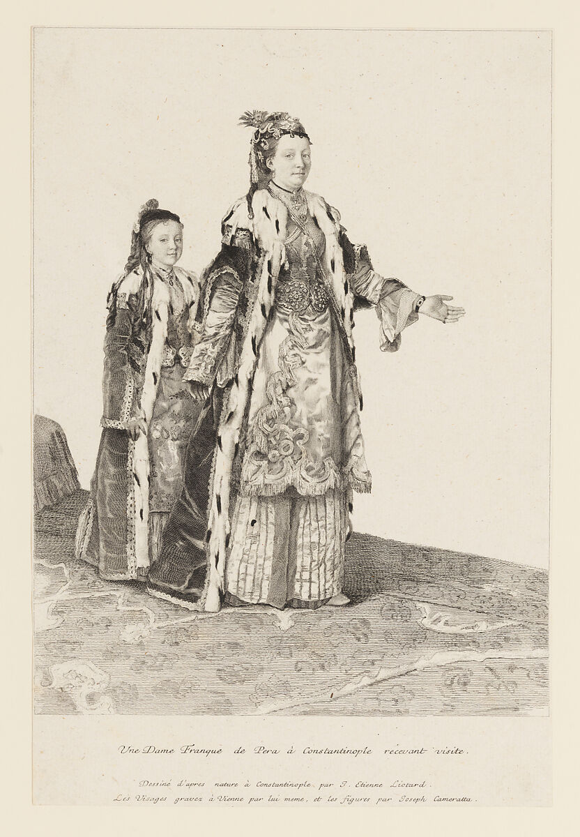 A woman of European descent in Pera, Constantinople receiving visitors, followed by a young girl (Une Dame Franques de Pera à Constantinople recevant visite), Jean Etienne Liotard (Swiss, Geneva 1702–1789 Geneva), Etching and engraving 