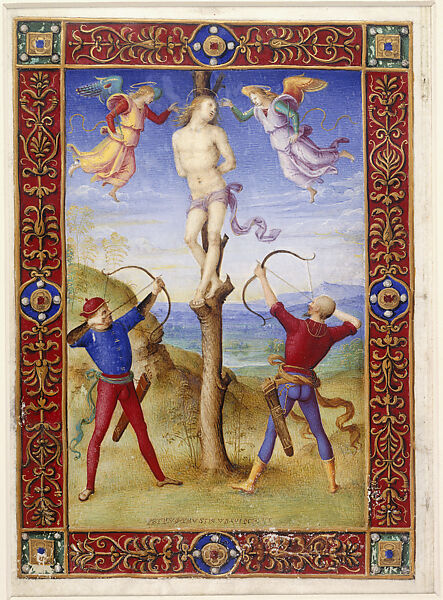 Martyrdom of Saint Sebastian, Perugino (Pietro di Cristoforo Vannucci)  Italian, Point of brush, gouache, watercolor, and ink, highlighted and signed in gold, on parchment (flesh side and burnished)