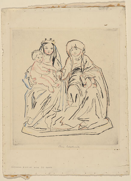 Madonna and Child with St. Anne, from "At Metropolitan", Anne Goldthwaite (American, Montgomery, Alabama 1869–1944 New York), Drypoint  with watercolor additions 