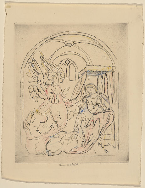 Annunciation, from "At Metropolitan", Anne Goldthwaite (American, Montgomery, Alabama 1869–1944 New York), Drypoint  with watercolor additions 