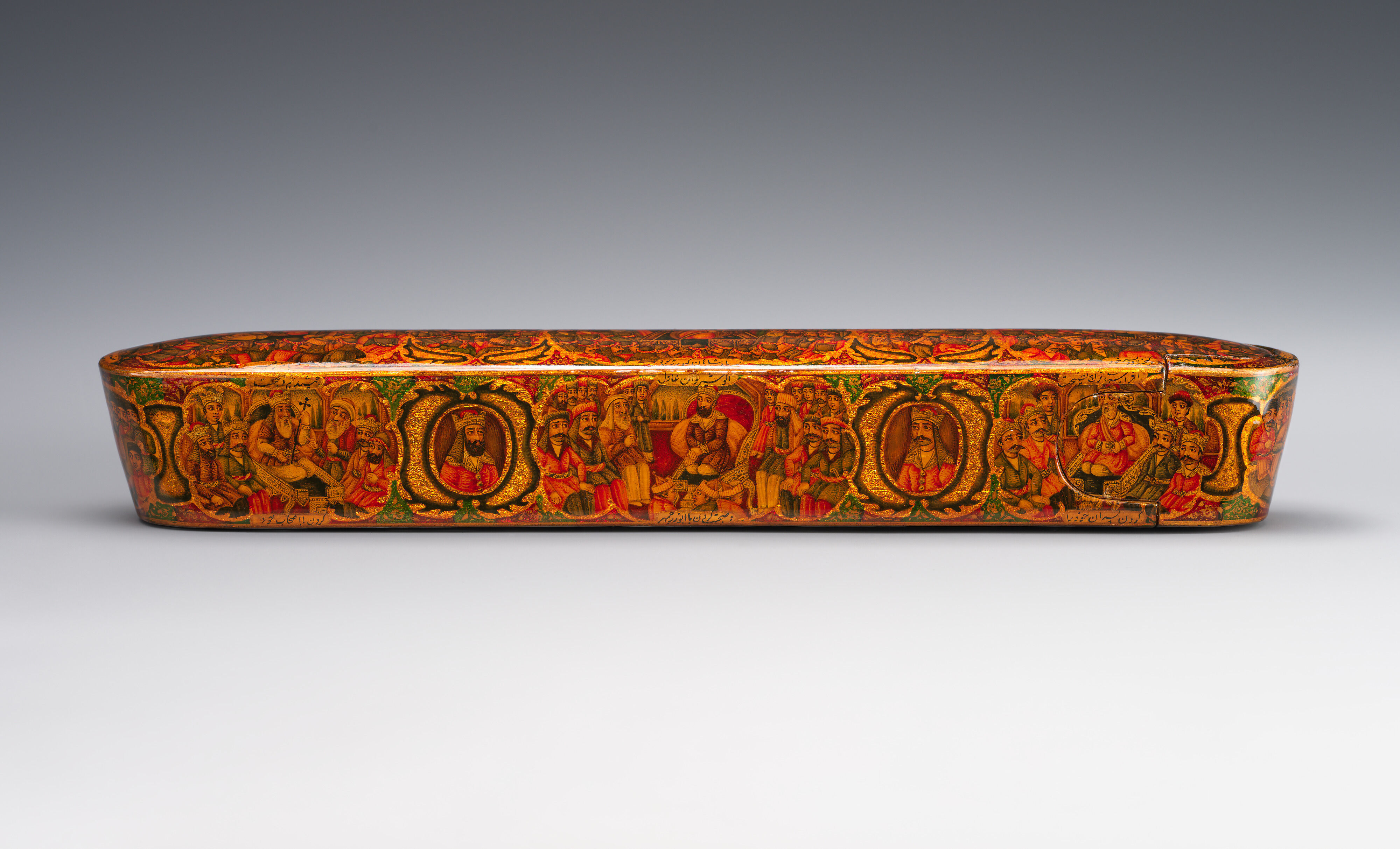 Lacquer Pen Box with Royal Audience Scenes, Sani' Humayun (Iranian), Papier-maché; painted, gilded, and varnished