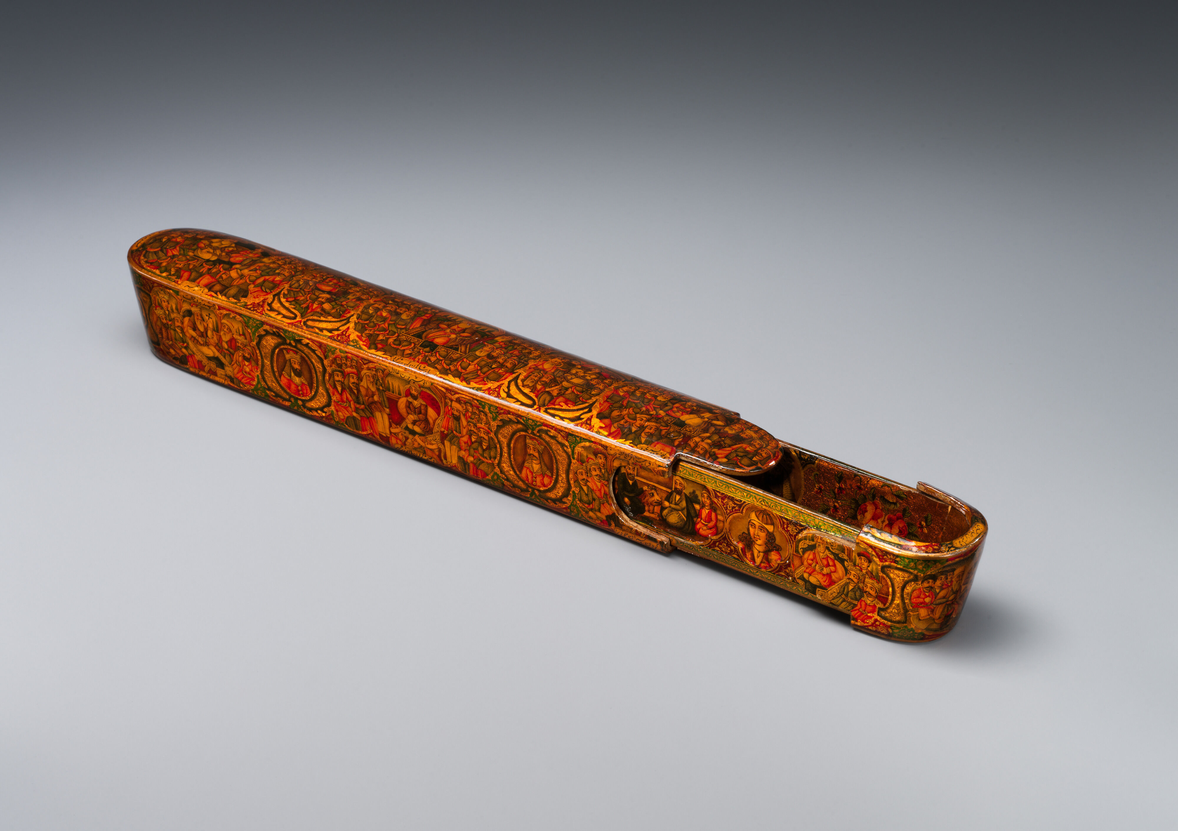 Lacquer Pen Box with Royal Audience Scenes, Sani' Humayun (Iranian), Papier-maché; painted, gilded, and varnished