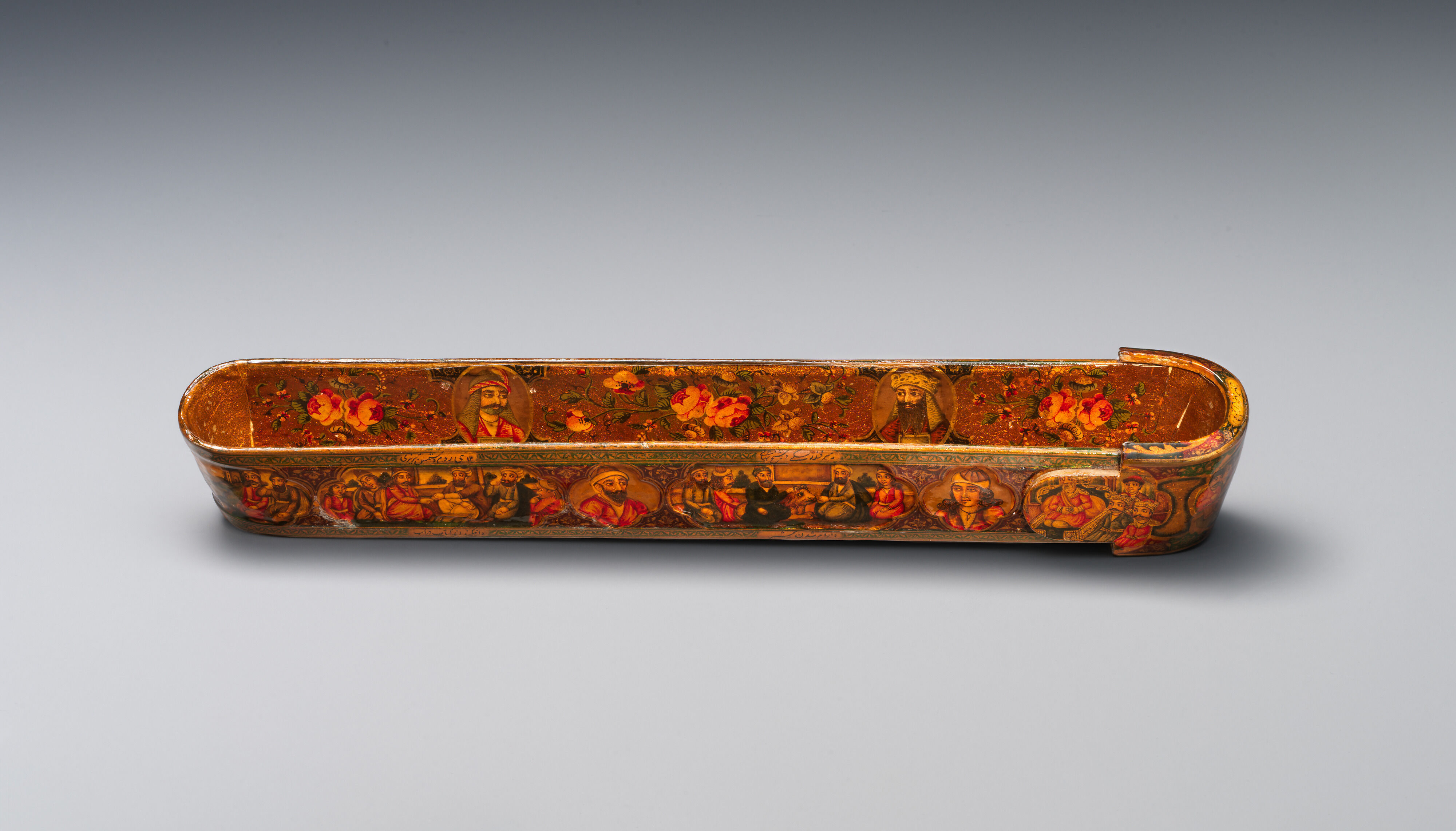 Lacquer Pen Box with Royal Audience Scenes, Sani' Humayun (Iranian), Papier-maché; painted, gilded, and varnished