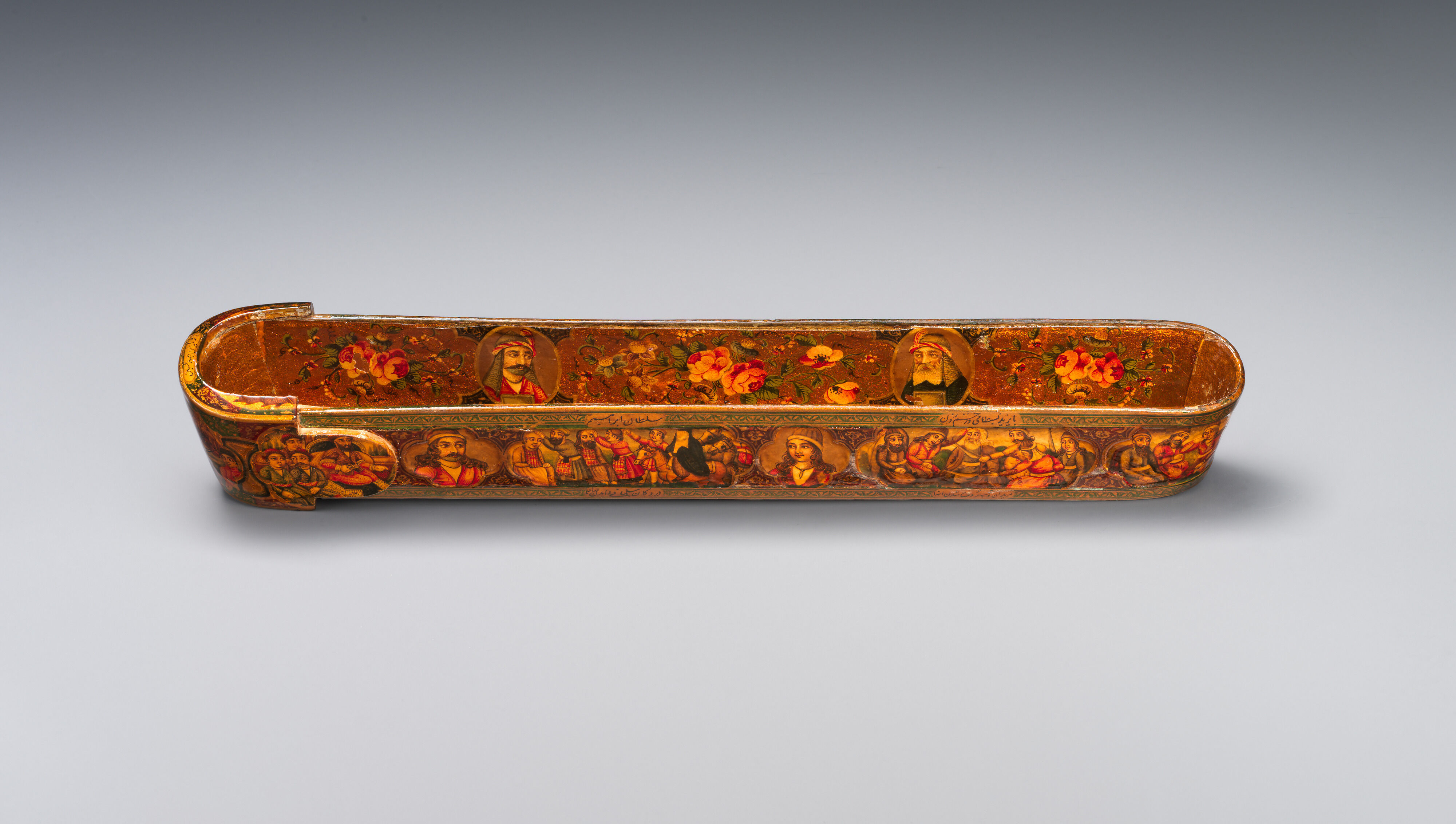 Lacquer Pen Box with Royal Audience Scenes, Sani' Humayun (Iranian), Papier-maché; painted, gilded, and varnished