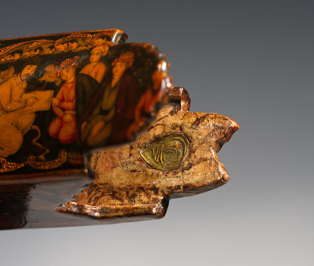 Pen Box Depicting Shaykh San'an and the Christian Maiden, attributed to Muhammad Isma'il Isfahani (Iranian, 1814–1892), Papier-maché; painted, gilded, and varnished